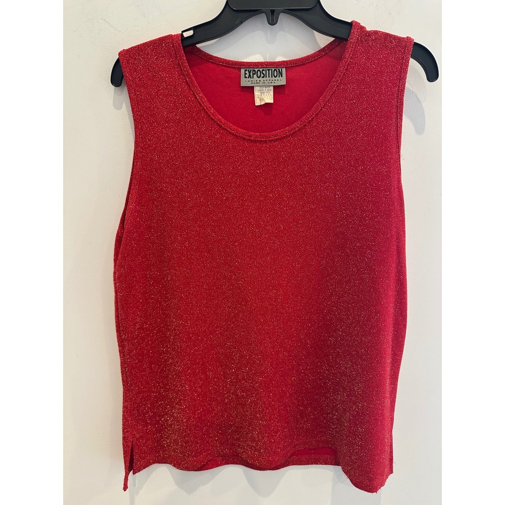 Vintage Exposition Red Gold Metallic Sparkle Sleeveless Knit Top XXL Made in USA